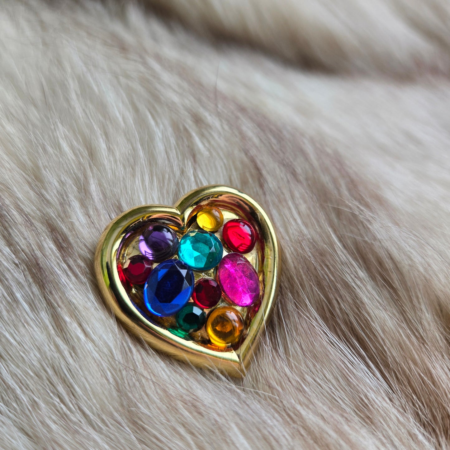 Vintage Gold Tone Rainbow Gem Heart Brooch