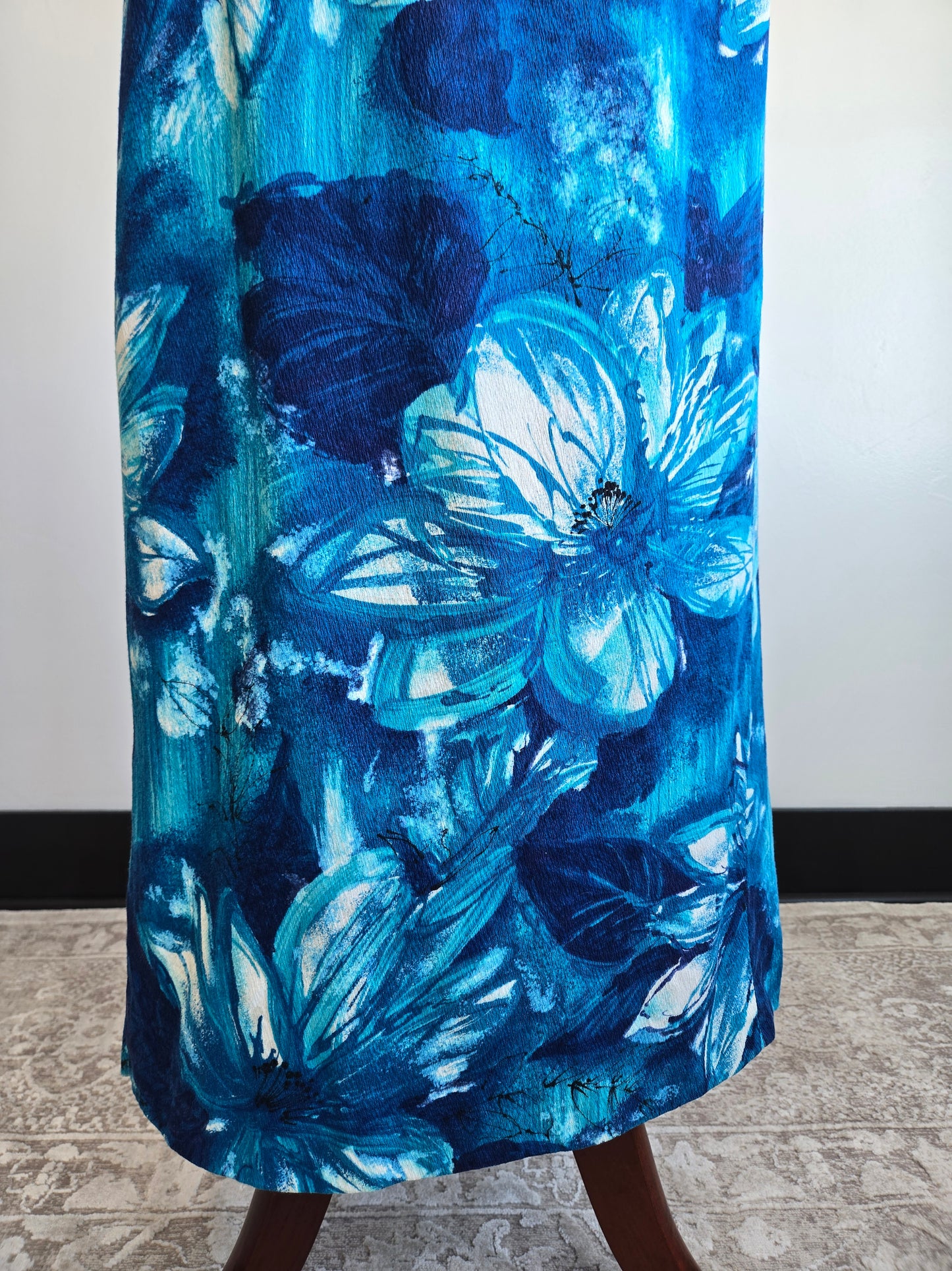 Royal Hawaiian Barkcloth Blue Floral Made in Hawaii Dress - Small