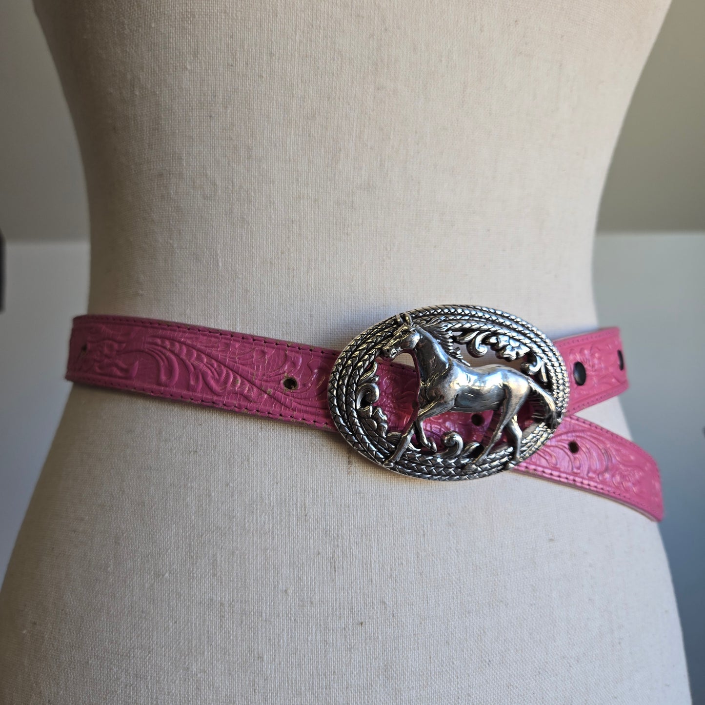 Vintage Justin Top Grain Pink Tooled Leather Belt with Horse Buckle