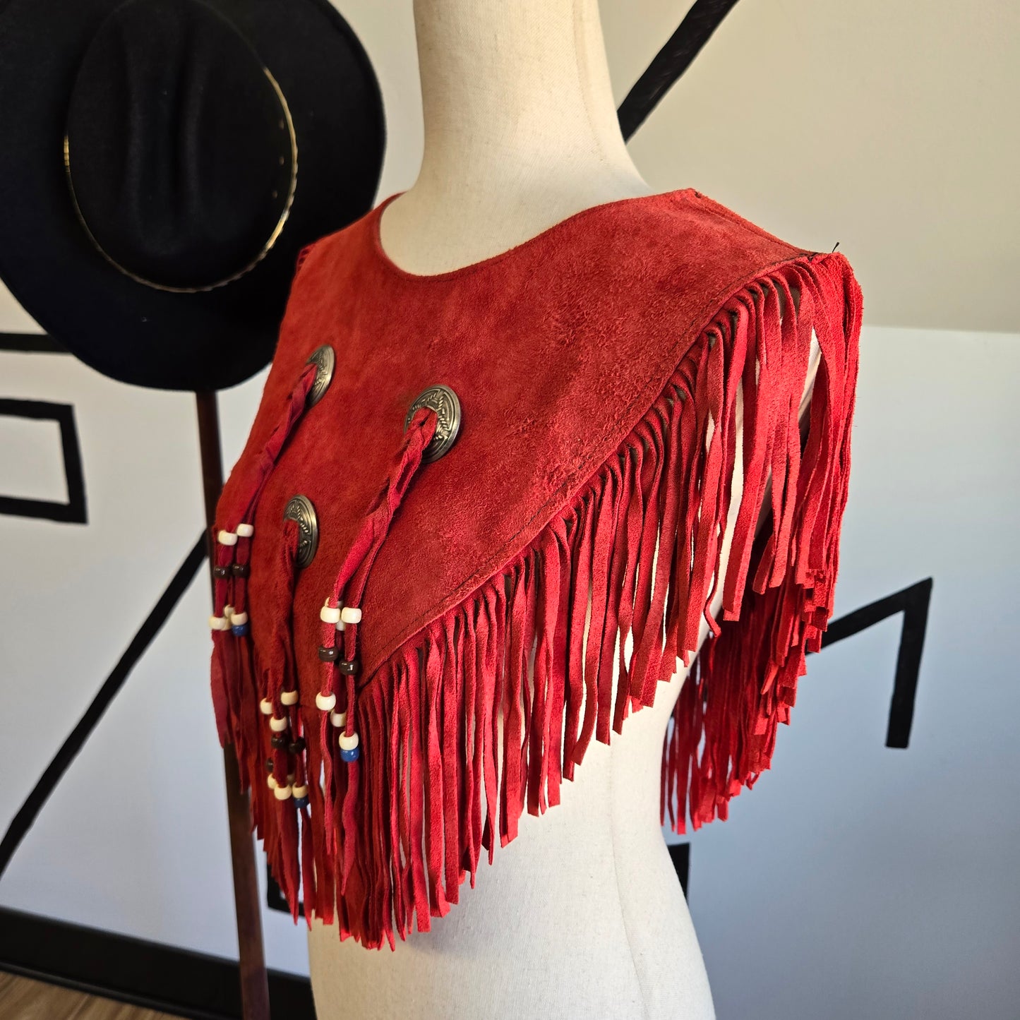 Steer Brand Red Genuine Suede Leather Fringe Cape - OS