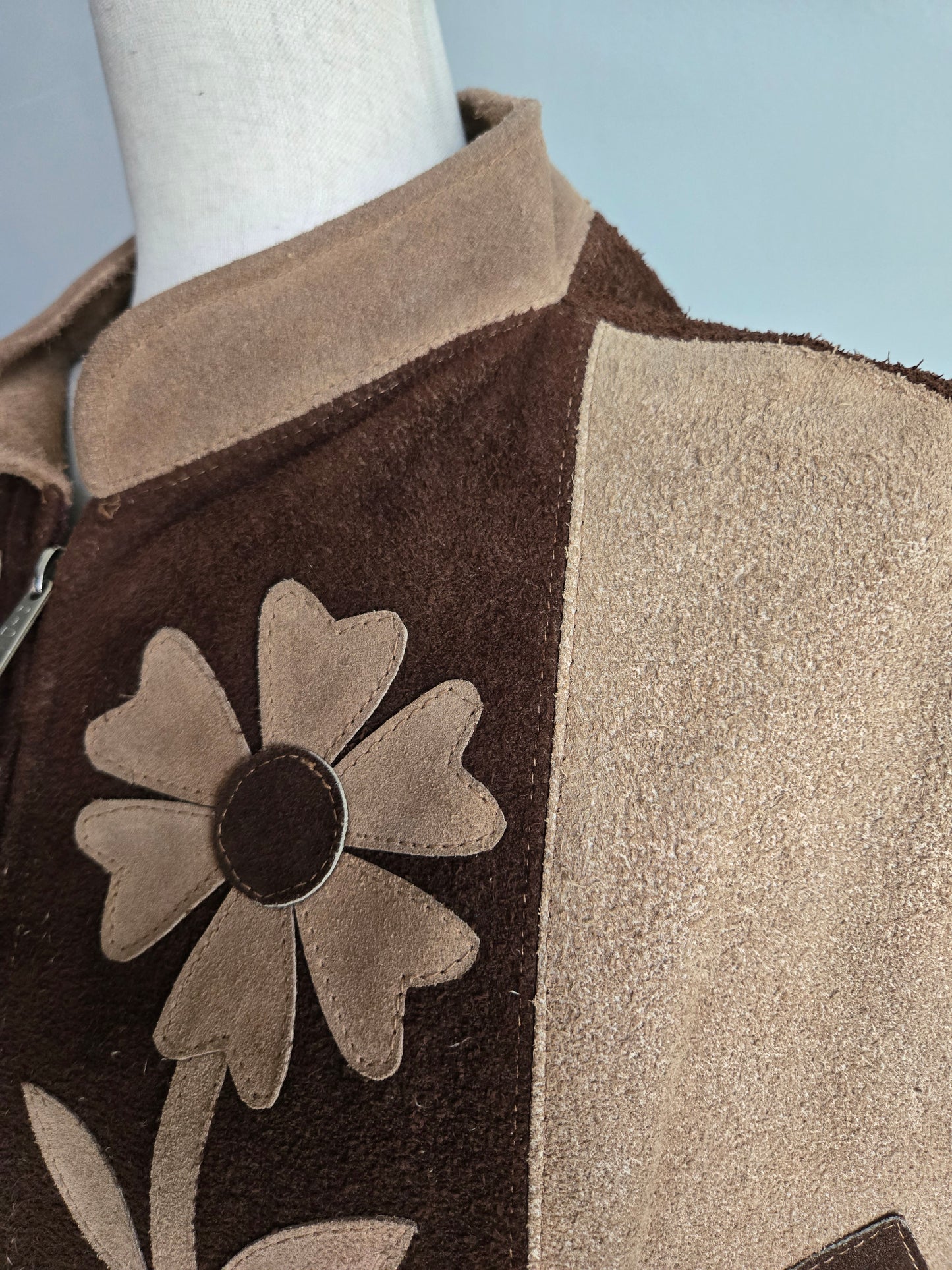 Vintage 1970s Patchwork Flowers Suede Leather Poncho - Small