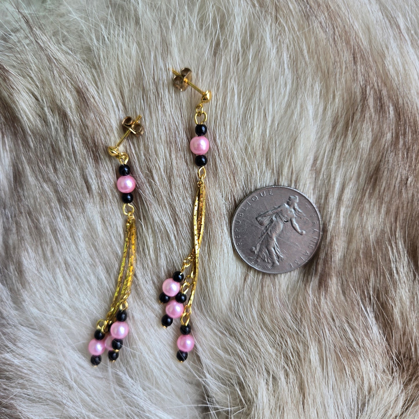 Made in Korea Pink and Black Faux Pearl Drop Earrings - Post Back