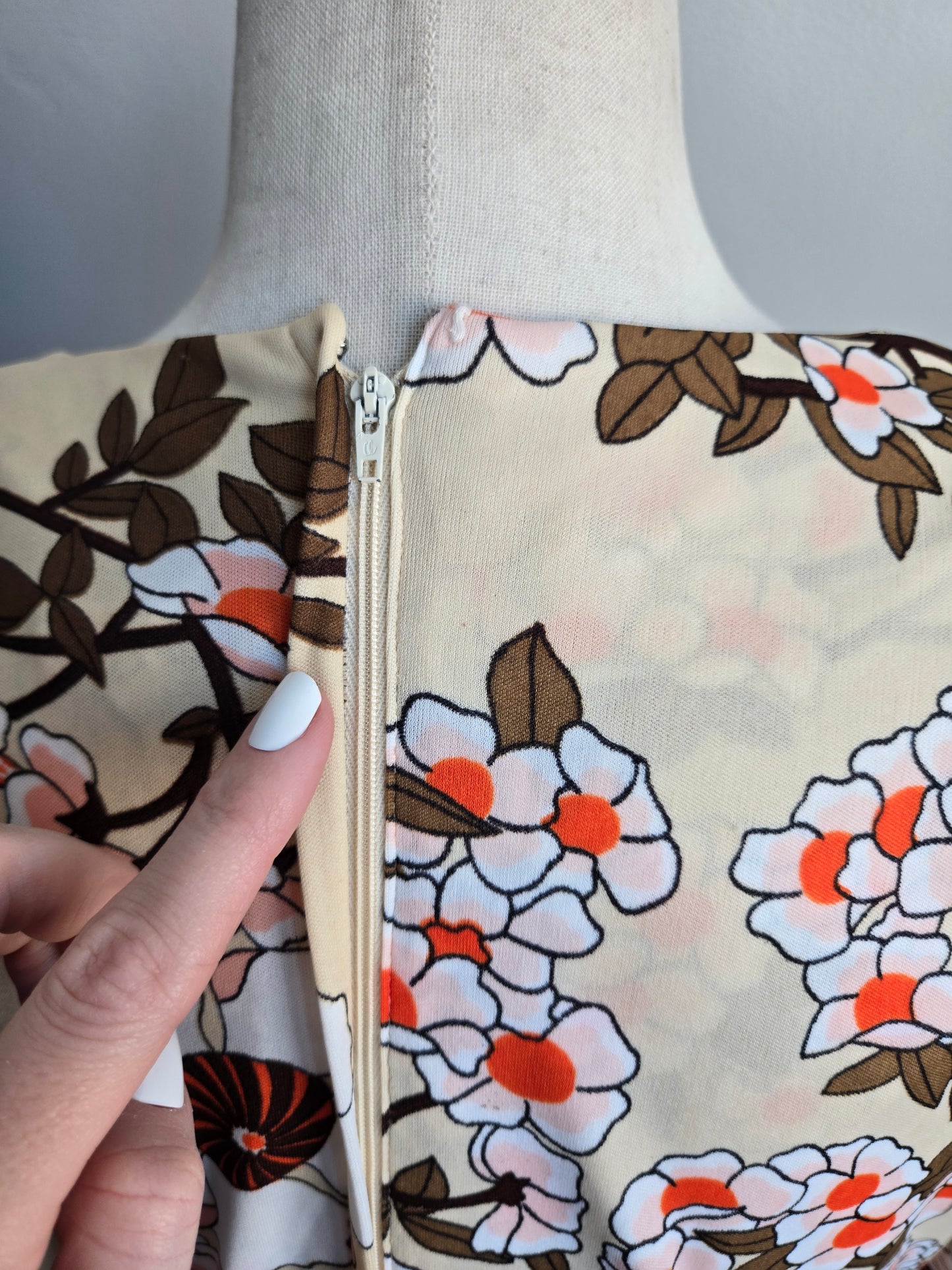 Vintage 70s Tan Floral Print Maxi Dress - medium