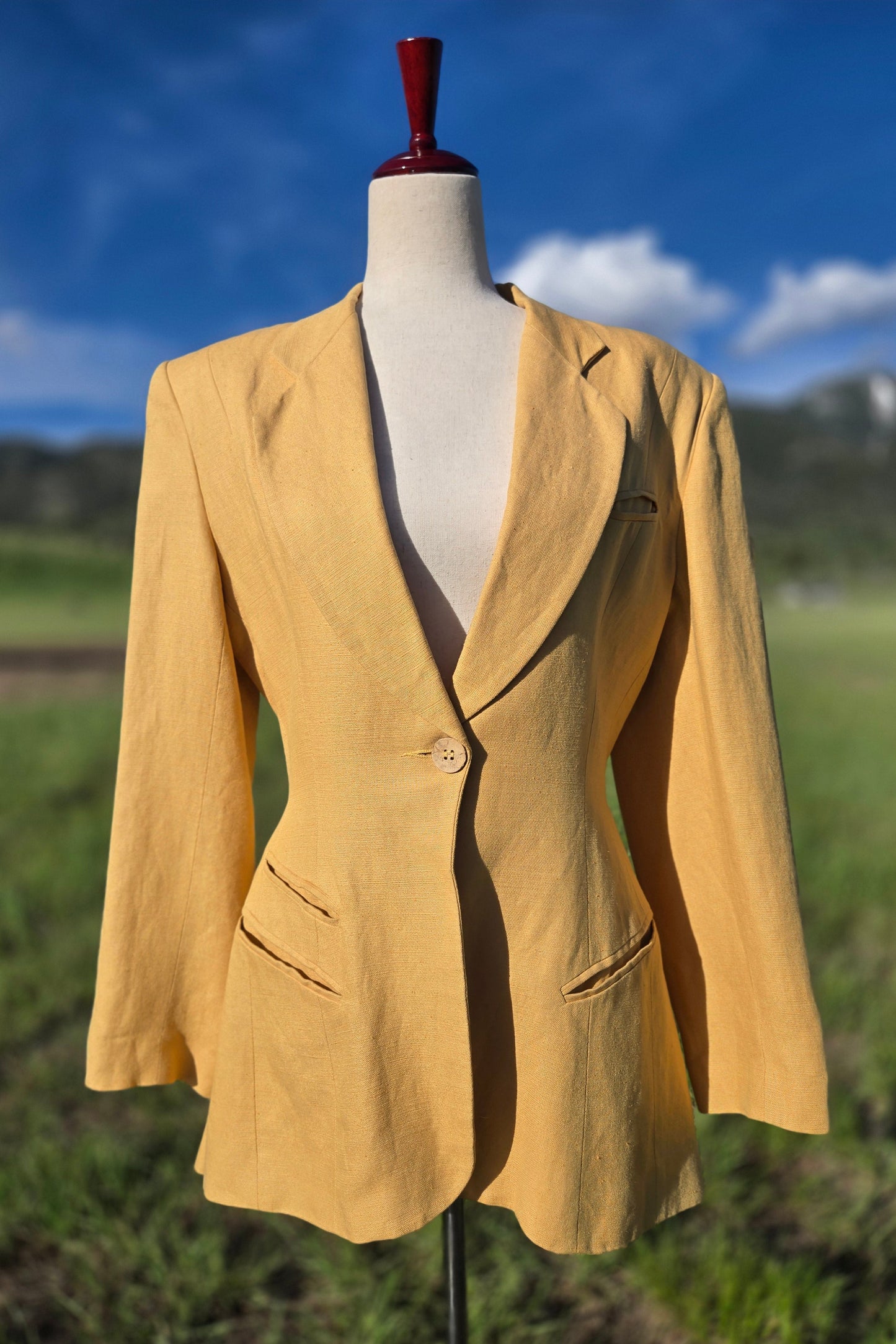 Moschery Vintage Mustard Yellow Linen Peplum Back Blazer - medium