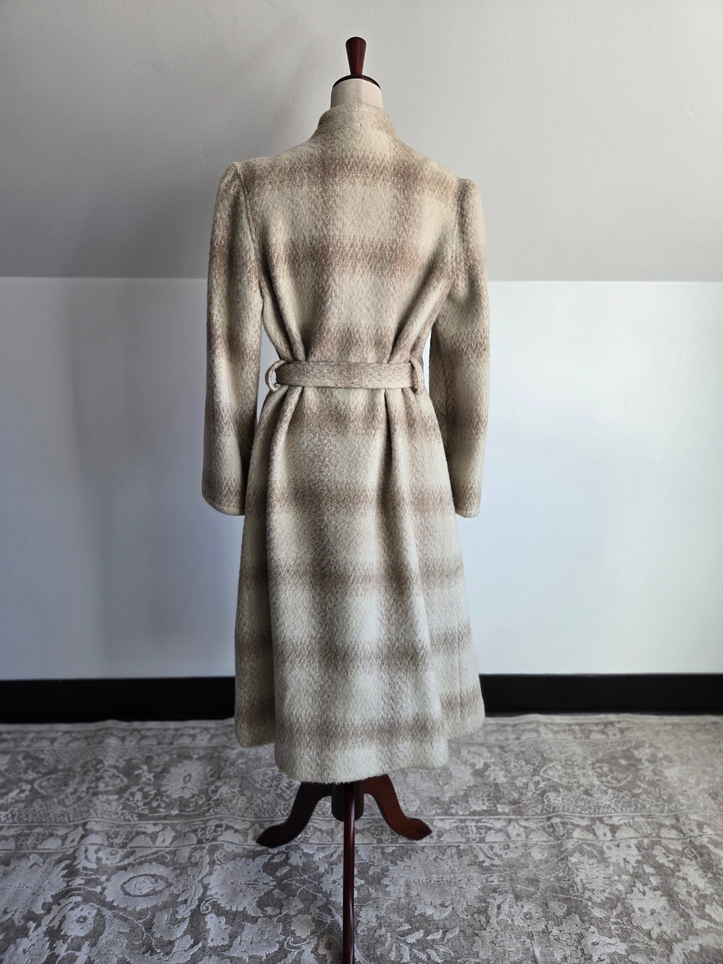 Vintage 1950s Plaid Wool Over Coat with Waist Tie - M/L