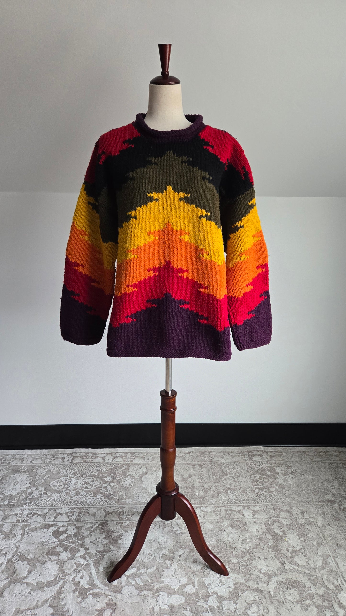 Otavalo Hand Knit Wool Rainbow Tree Native American for Outdoor Men Sweater - Large