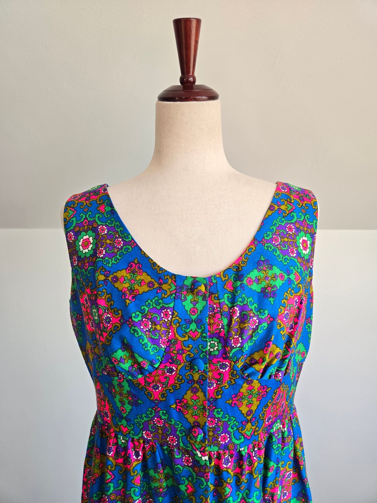 Shop Suey Hawaii Acrylic Barkcloth Dayglo Print Dress - S/M