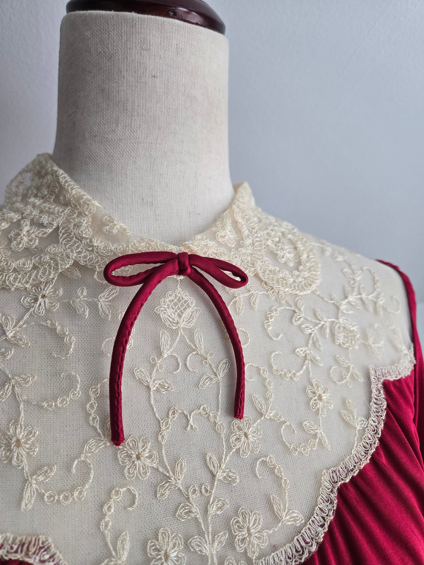 Vintage 1970s Red Slinky Maxi Dress with Shear Lace - Medium