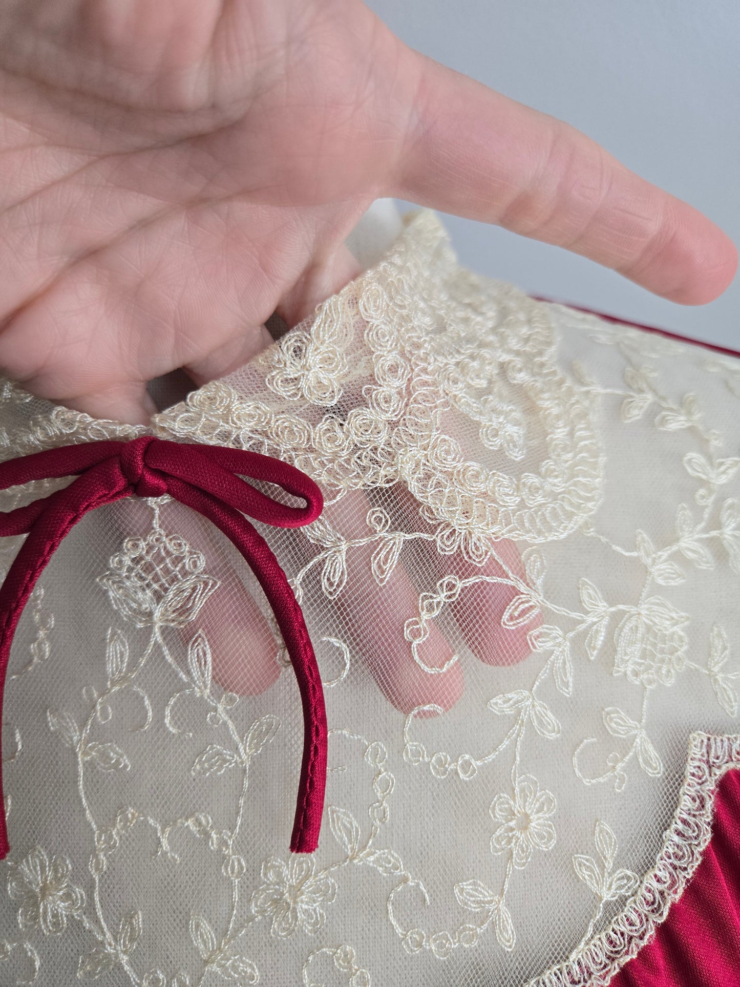 Vintage 1970s Red Slinky Maxi Dress with Shear Lace - Medium