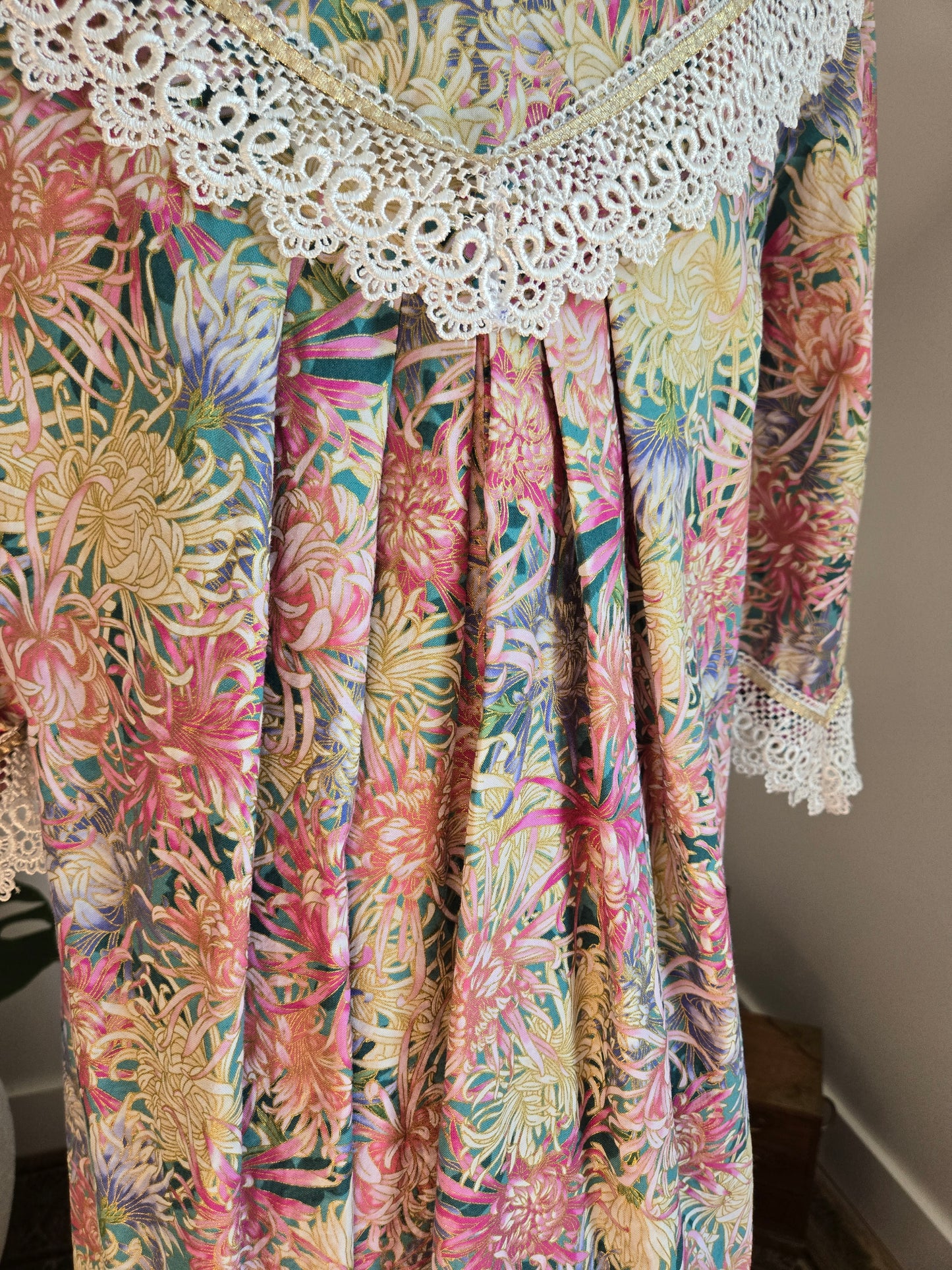 Vintage 1970s Handmade Cotton and Lace Maxi Housedress - large