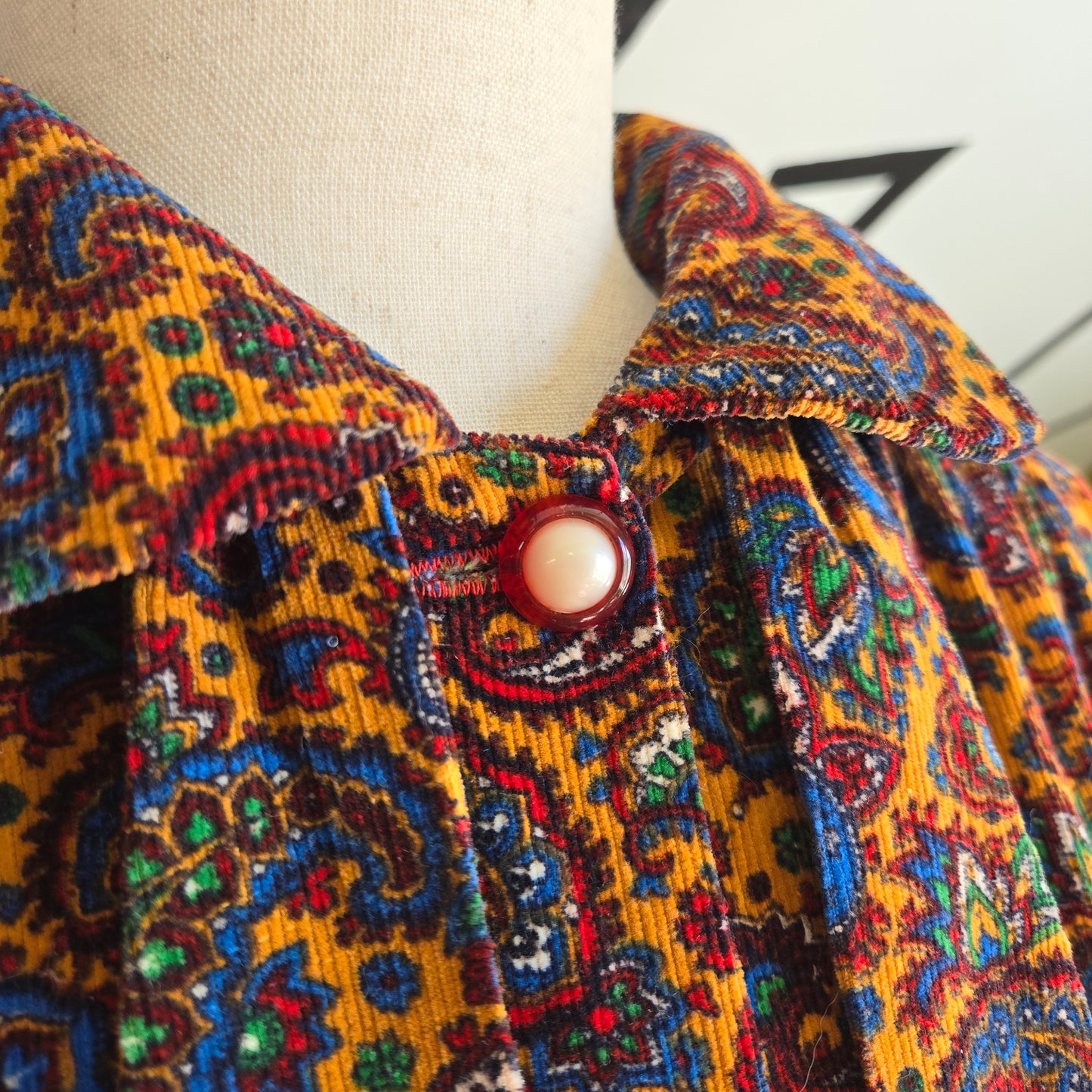 Handmade 60s Paisley Corduroy Button Down Dress with Neck Tie - XL