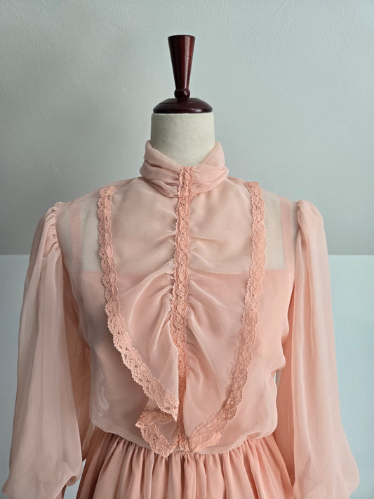 Peachy Pink 1970s Vintage Edwardian Style Dress - small