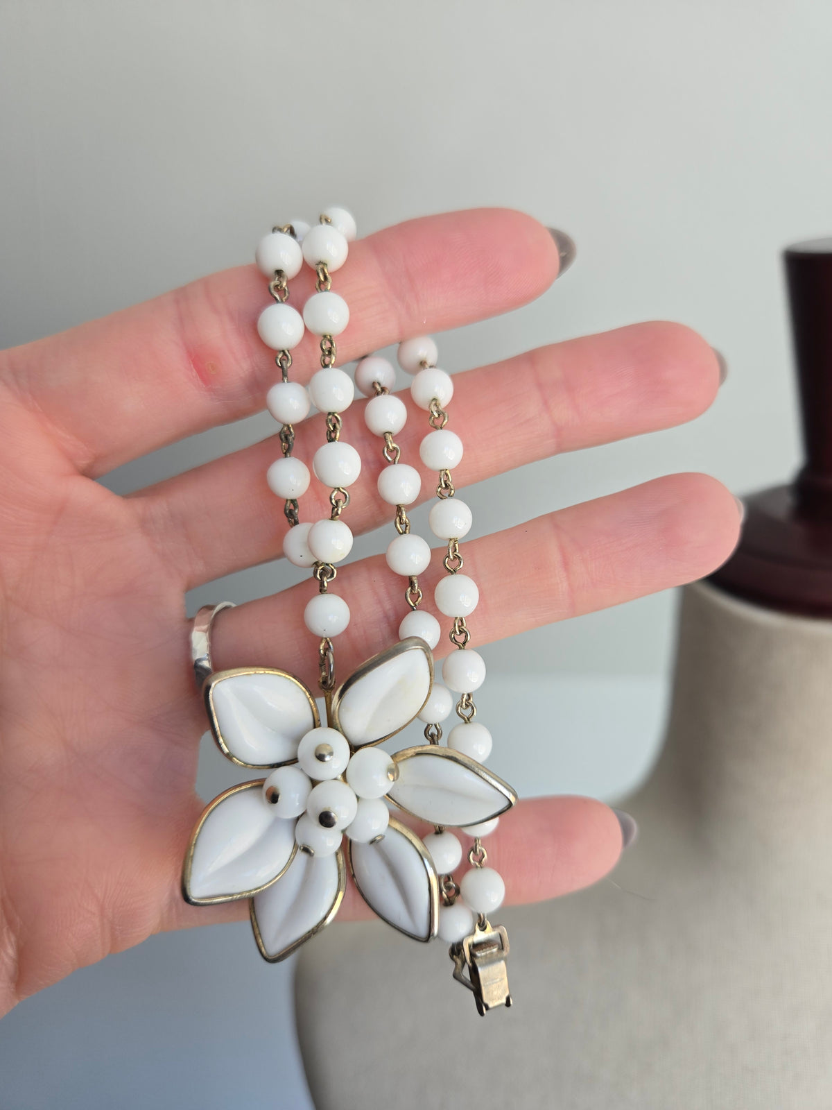 Vintage Milk Glass Flower Necklace