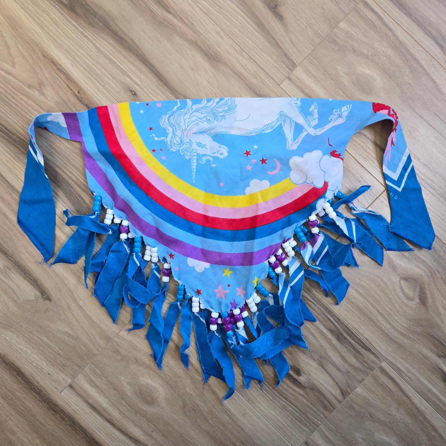 Blue Unicorns and Rainbows Neck Tie Bandana with Beaded Fringe