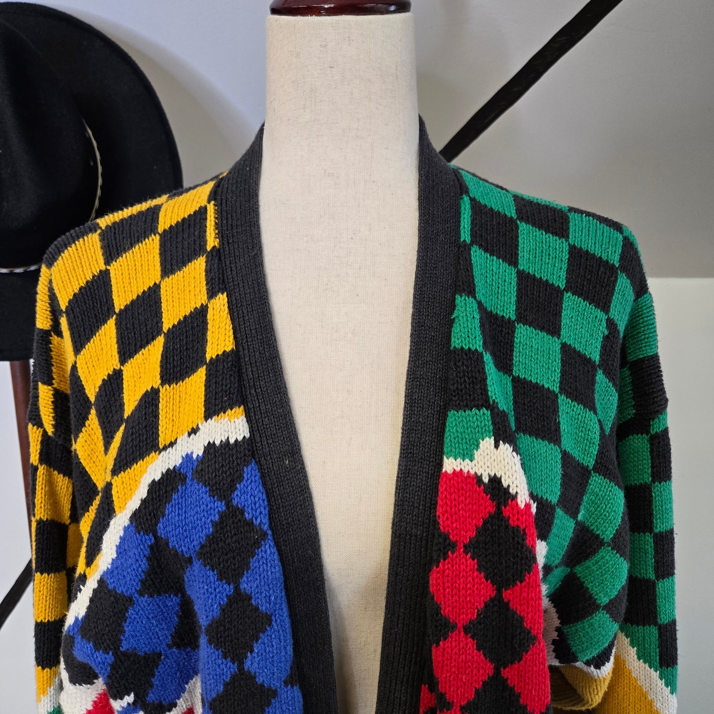 Vintage 80s Limited Edition Cotton/Ramie Primary Colored Checkered Cardigan - XL