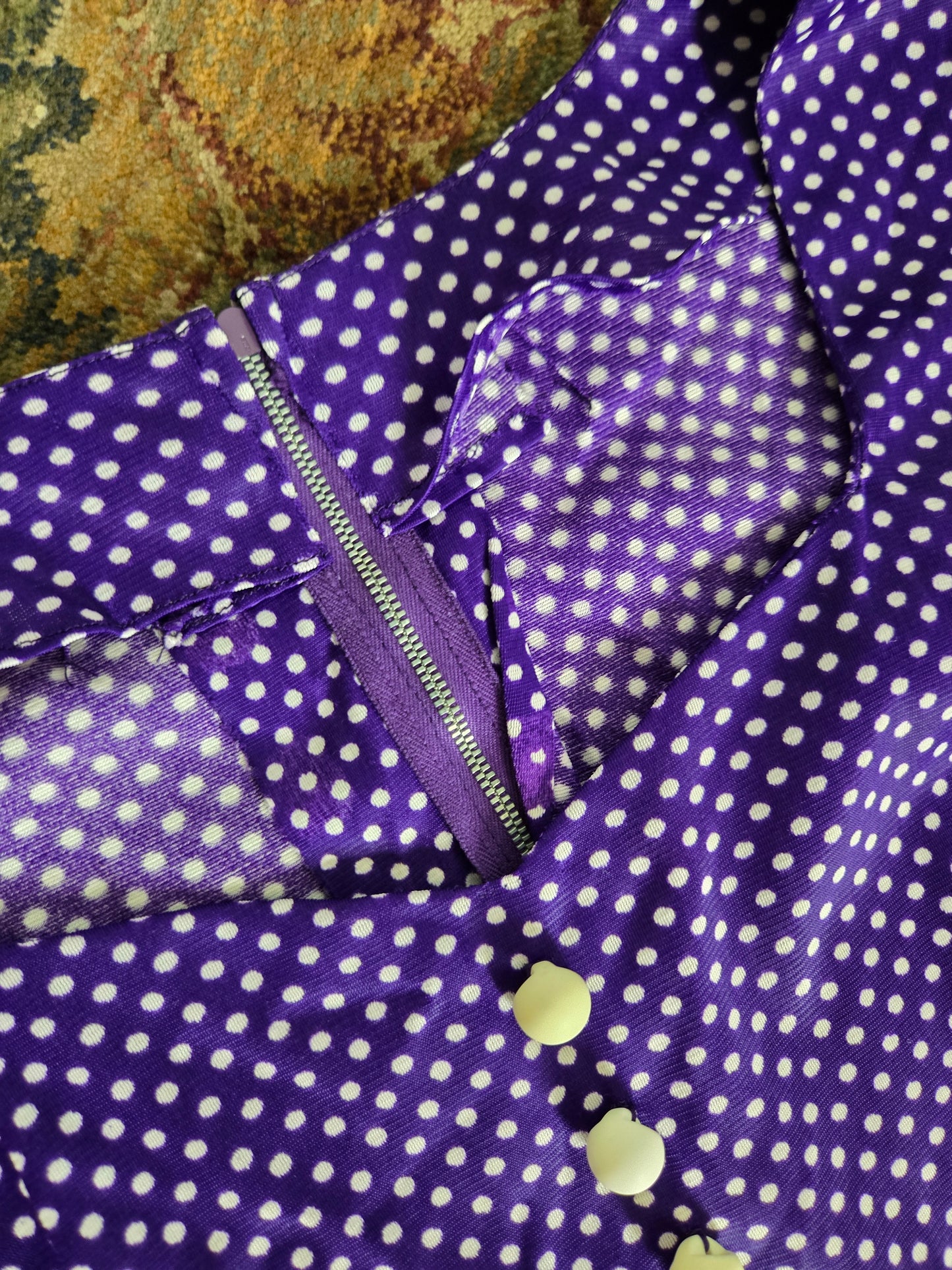 Vintage 60s Nylon Purple Polka Dot Sweetheart Dress - large