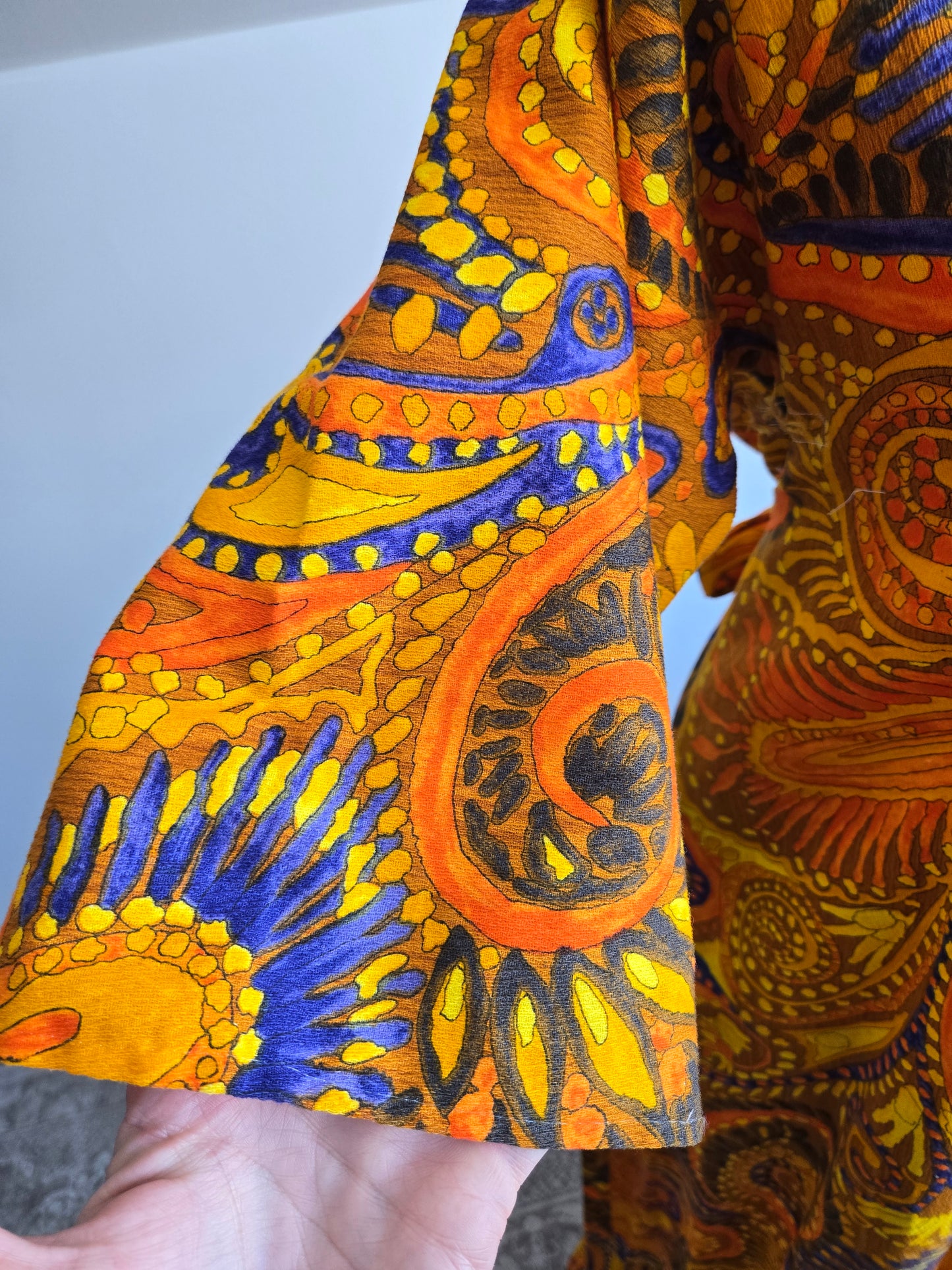 Vintage Barkcloth Orange Psychedelic Dayglo Print Maxi Dress - XS/S