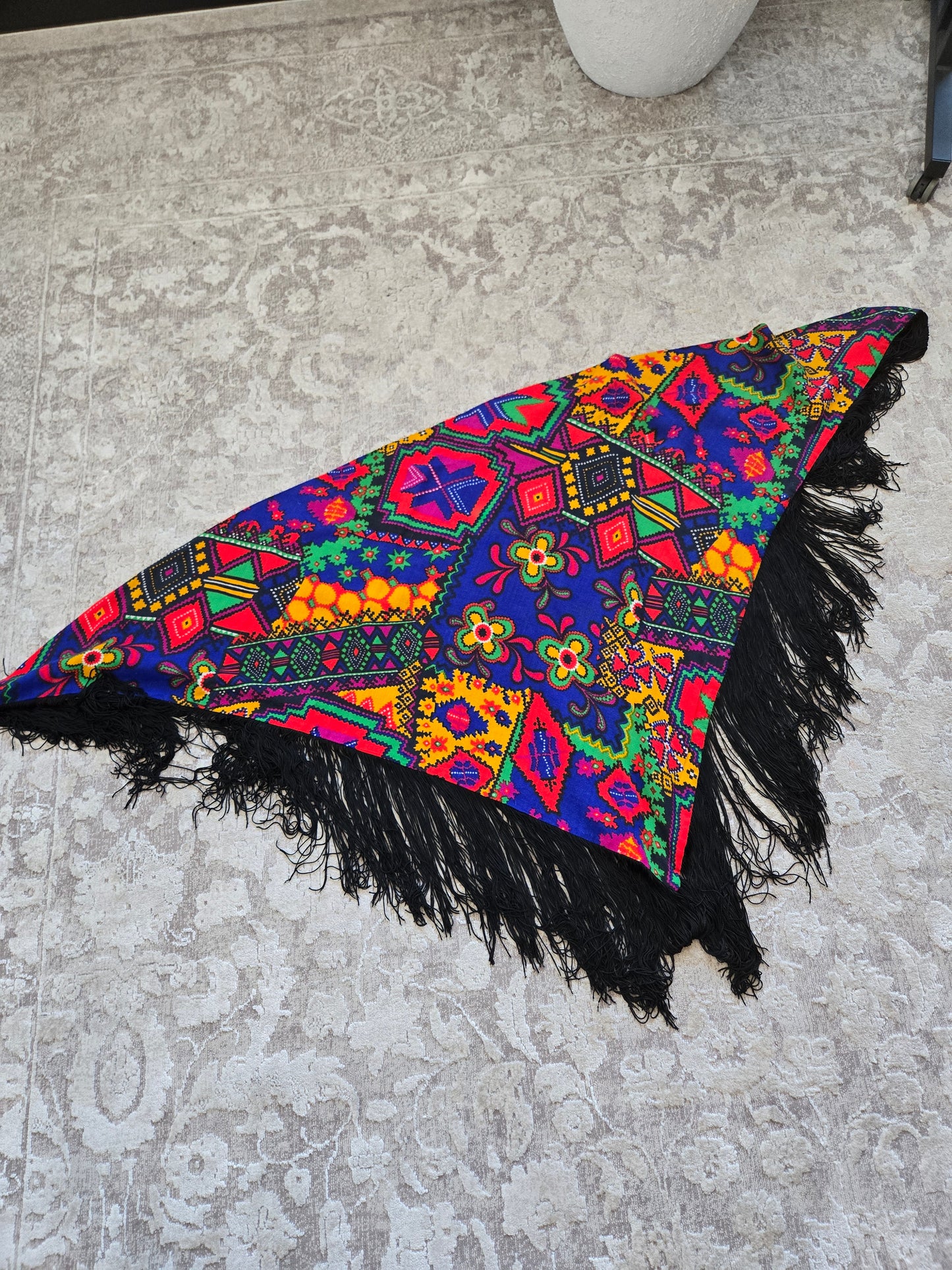 Vintage Barkcloth Dayglo Shawl with Fringe - OS