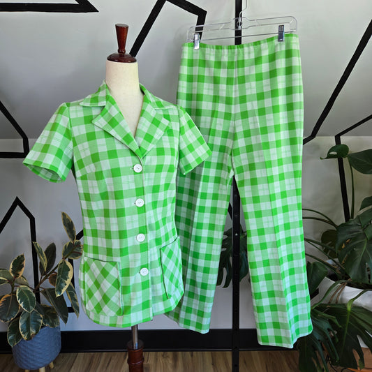 Green and White Plaid 1960s Two Piece Pant Set