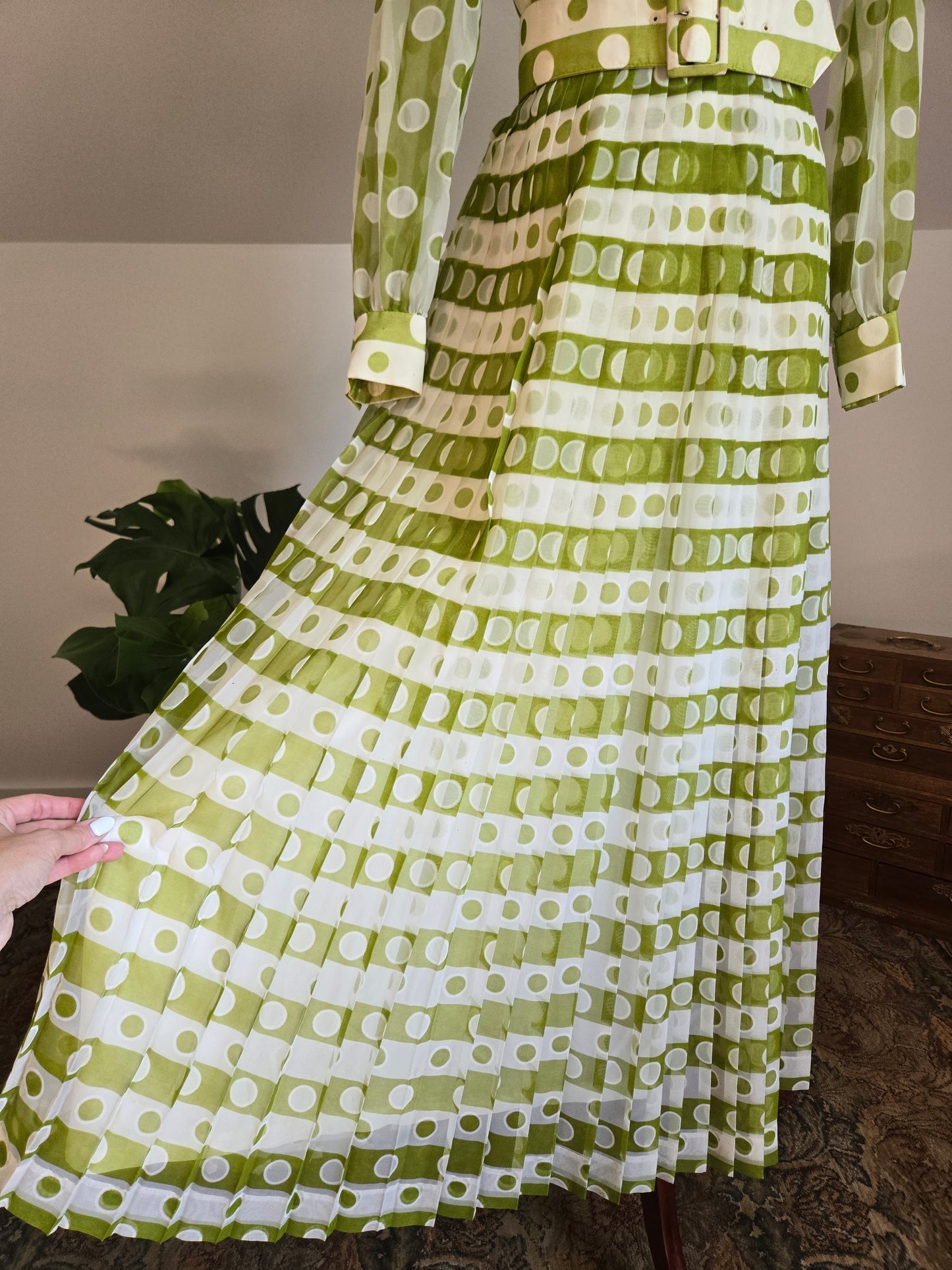 Coco California Vintage 1970s Green and White Polka Dot Stripe Dress -