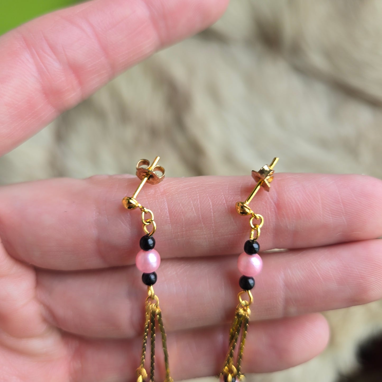 Made in Korea Pink and Black Faux Pearl Drop Earrings - Post Back