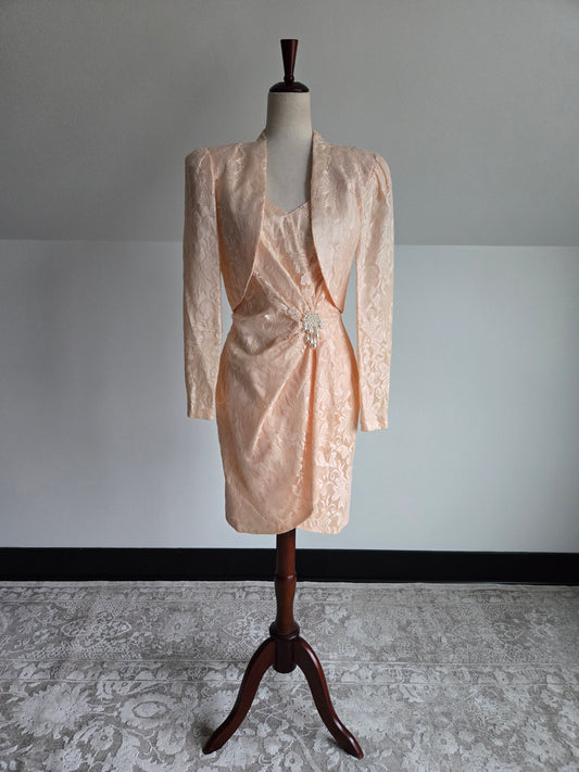 New Leaf Vintage 80s Peach Lace Dress and Pearl Bolero - Small