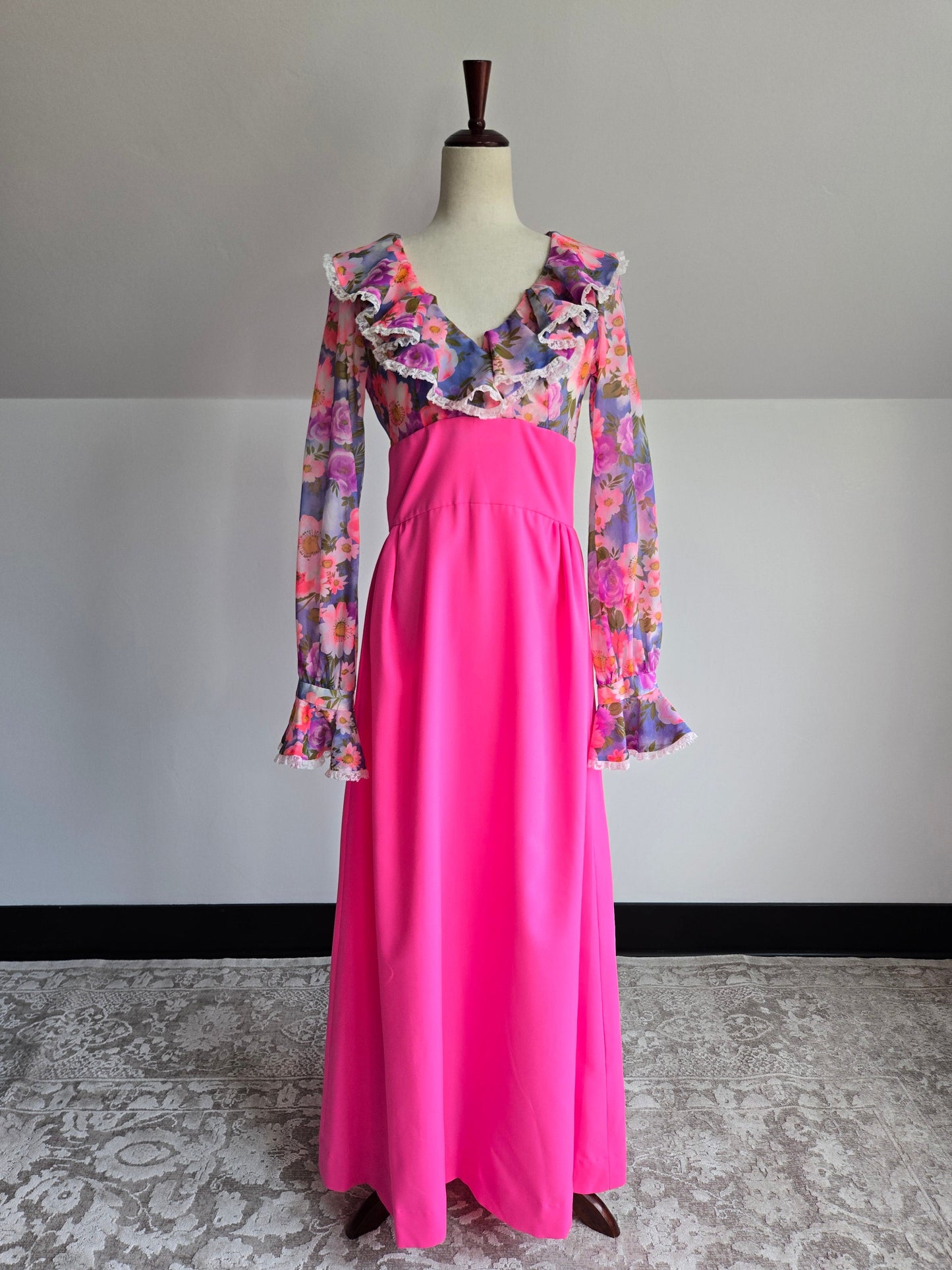 Vintage 1970s Hot Pink Flower Power Maxi Dress - medium