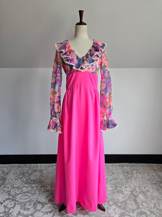 Vintage 1970s Hot Pink Flower Power Maxi Dress - medium