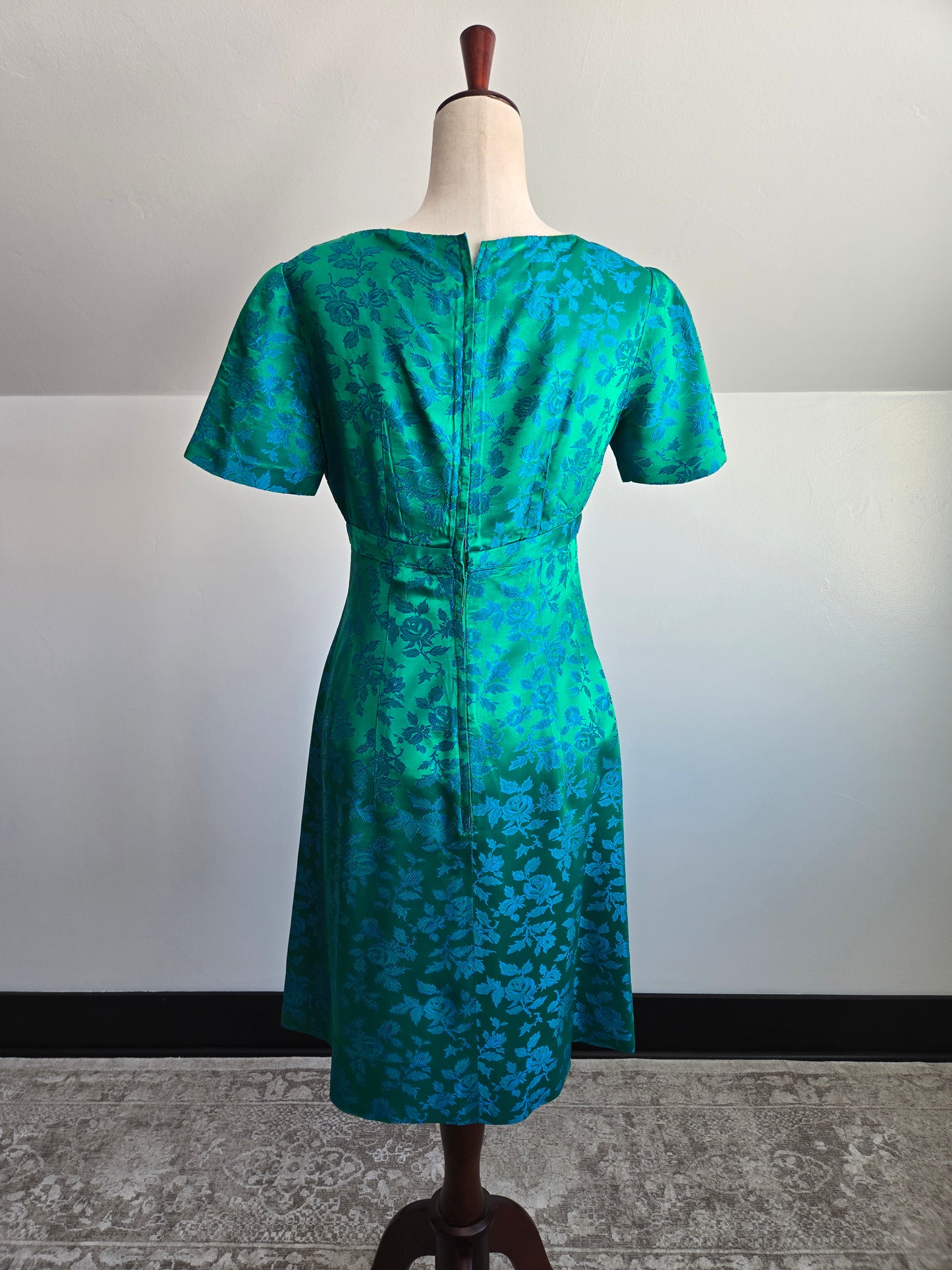 1950s Jacquard Floral Blue Dress - small