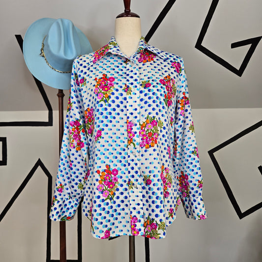 Vintage Dayglo 1970s Barkcloth Polka Dot and Flower Power Top - medium/large