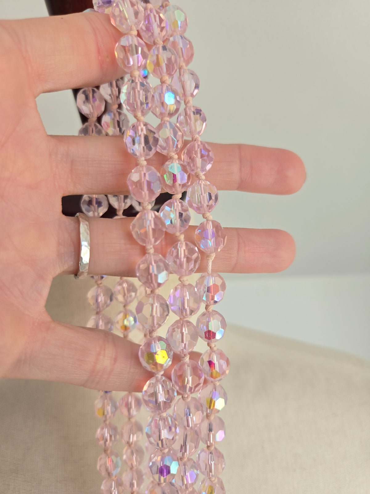 Hand Knotted Pink Glass AB Crystal Long Necklace