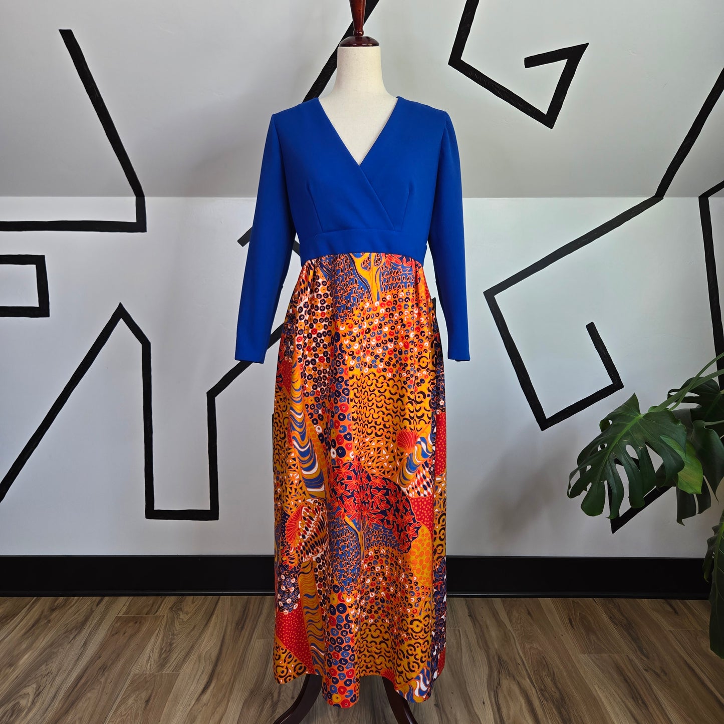 Vintage 1970s Blue Structured Top Maxi Dress with an Orange Dayglo Print Skirt