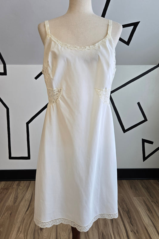 Barbizon Vintage 70s White Taffeta Slip Dress with Ivory Mesh Inserts - large