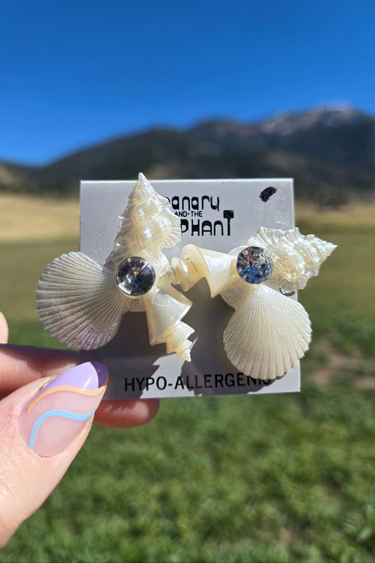 The Canary and the Elephant Deadstock Seashell and Rhinestone Earrings