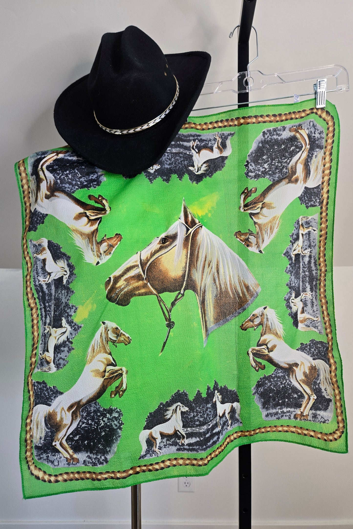 Vintage Lime Green Nylon Horse Scarf Made in Japan