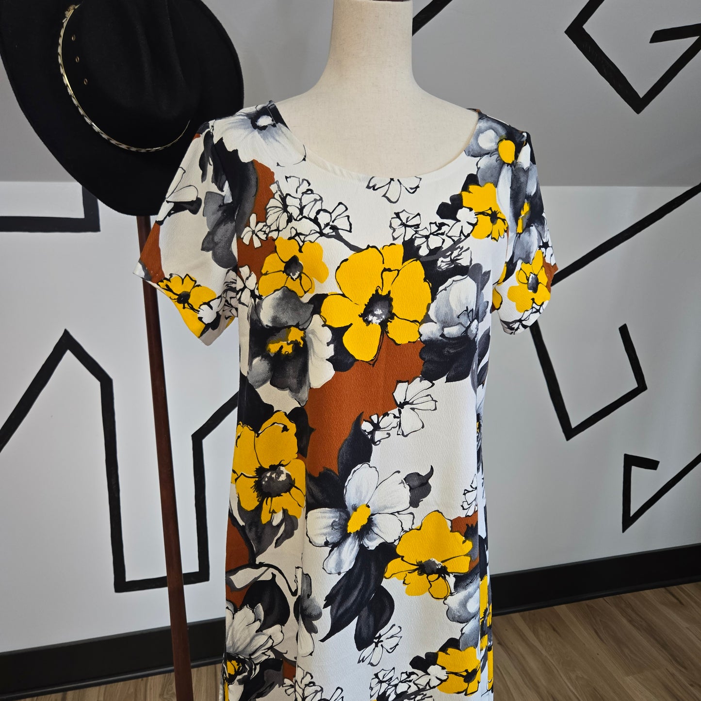 Vintage Barkcloth Yellow, Brown, and Black Flower Power Dress - medium