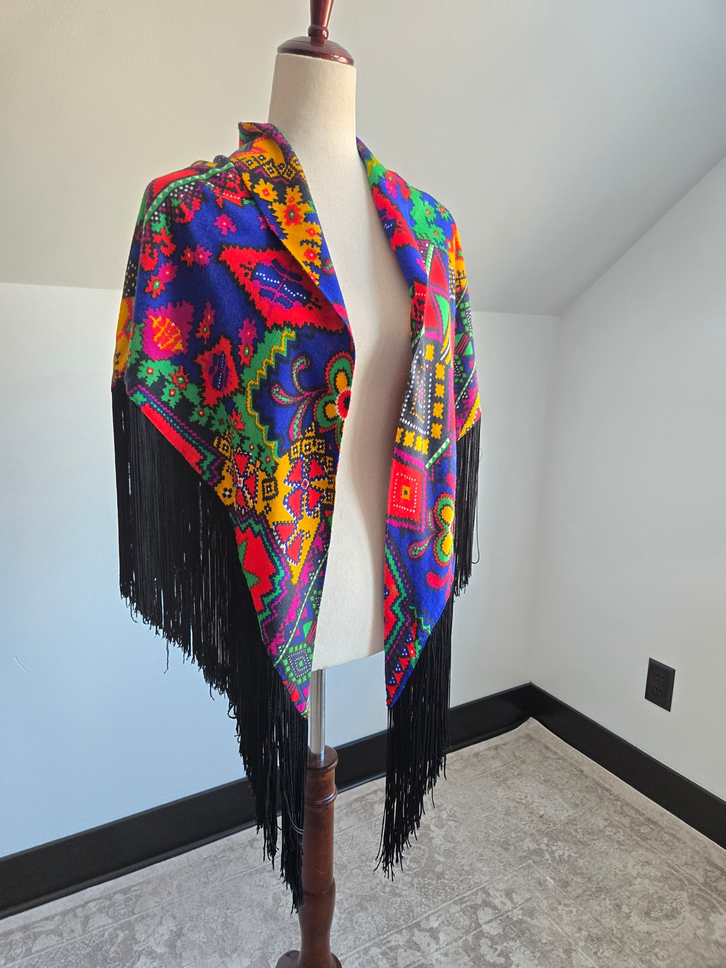 Vintage Barkcloth Dayglo Shawl with Fringe - OS