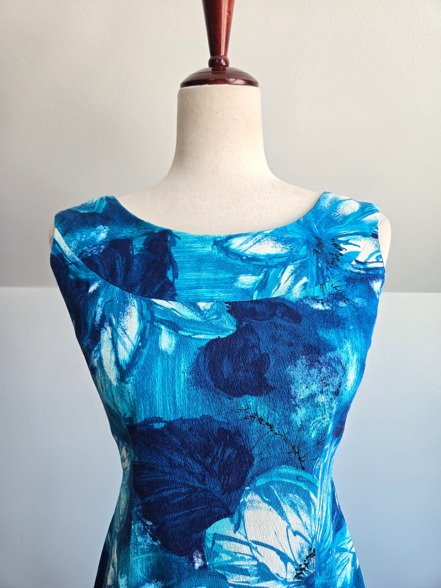 Royal Hawaiian Barkcloth Blue Floral Made in Hawaii Dress - Small