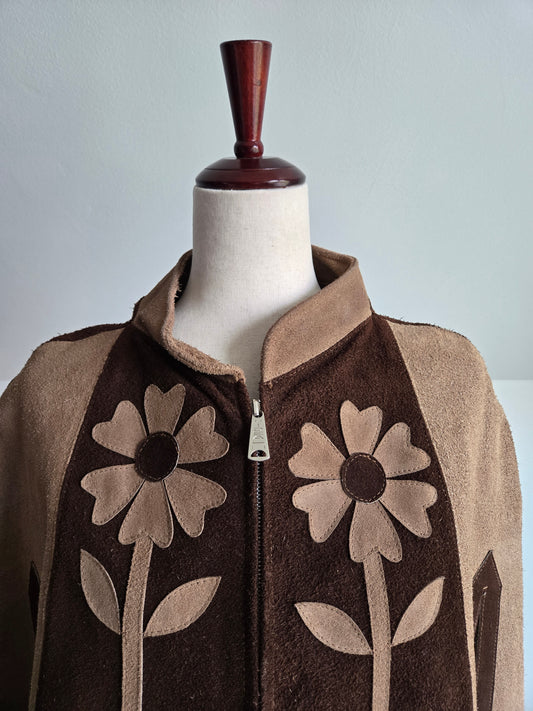 Vintage 1970s Patchwork Flowers Suede Leather Poncho - Small