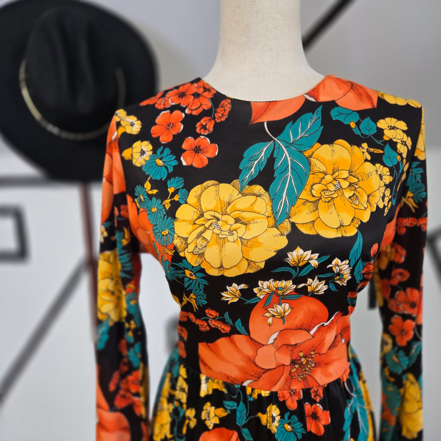 Fritzi of California Vintage 70s Black Based Bright Floral Dress with Waist Tie - medium