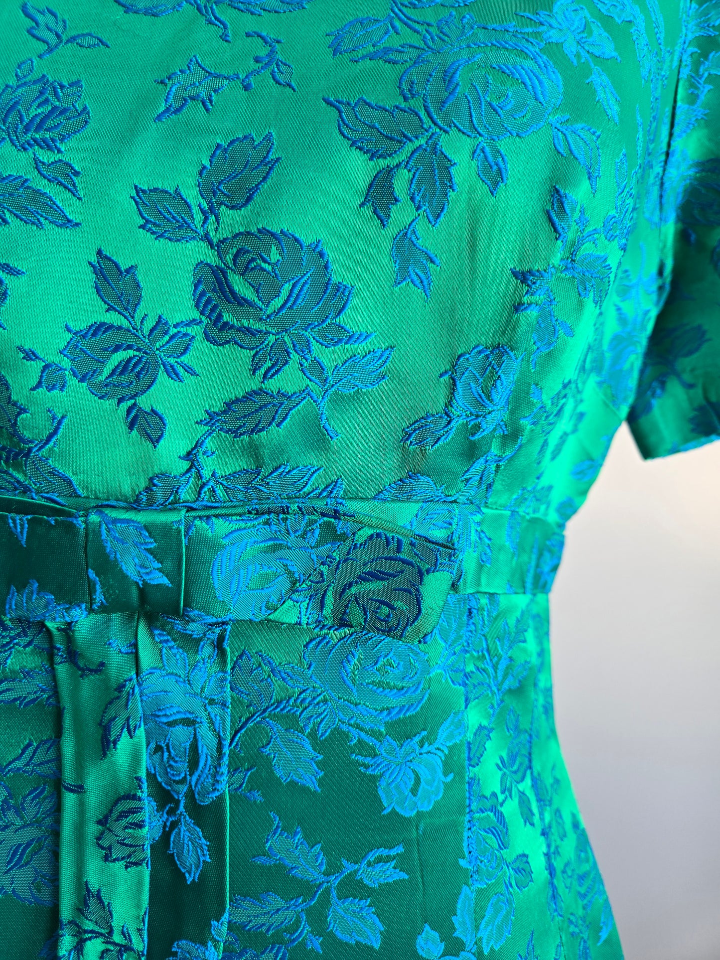 1950s Jacquard Floral Blue Dress - small