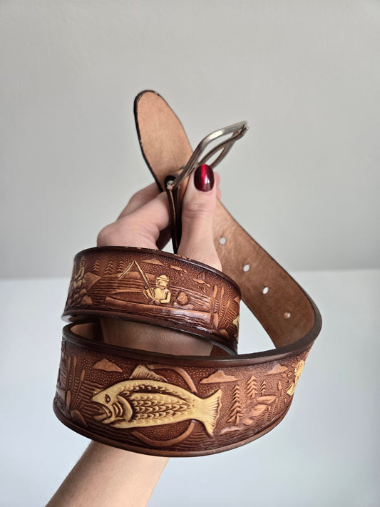 Made in Mexico Tooled Leather Belt in Fishing Pattern - W28-32"