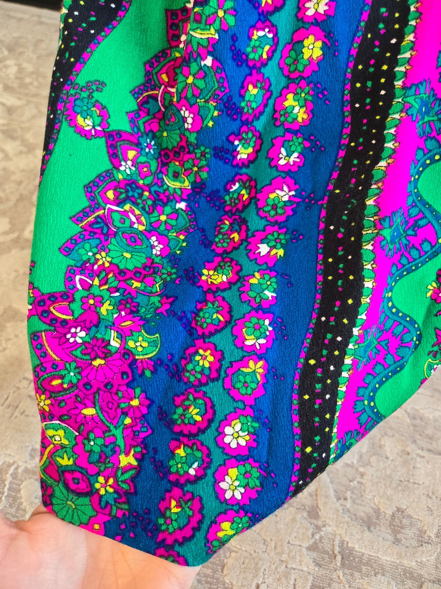 Vintage 70s Black Maxi Dress with Barkcloth Skirt - small