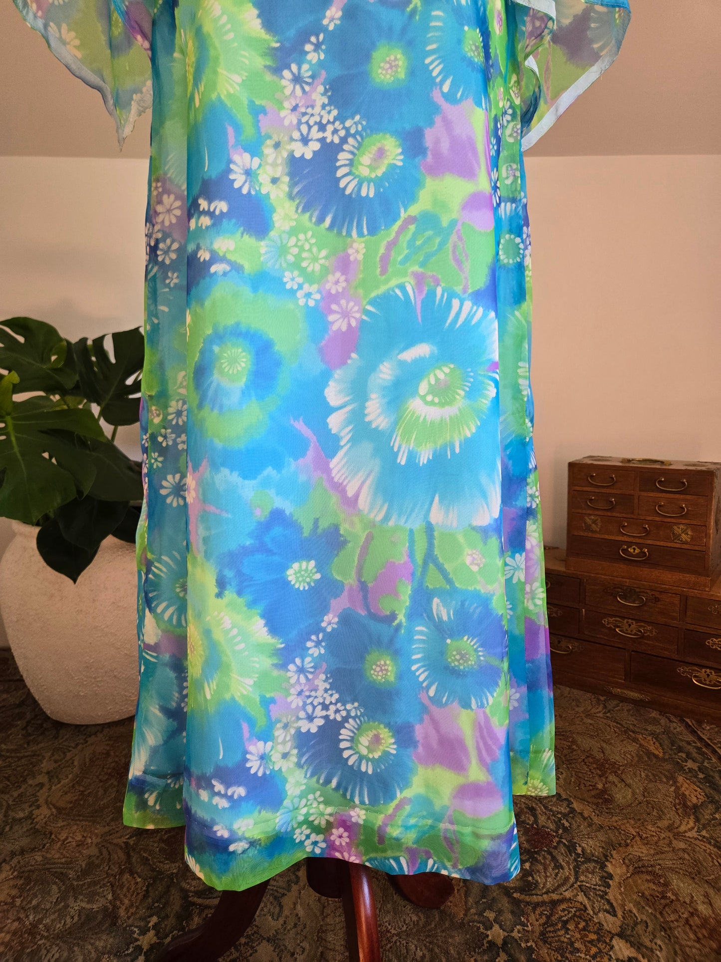 Vintage 70s Blue and Purple Psychedelic Floral Print Maxi Dress -