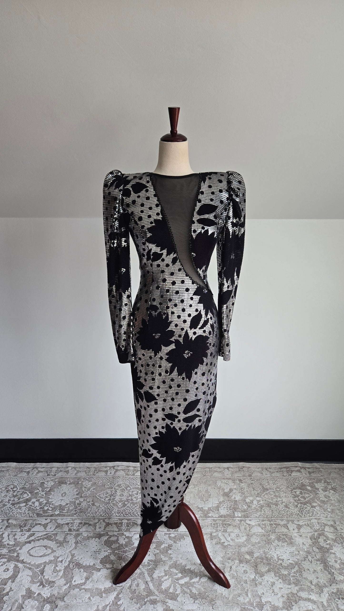 Miss Kansas Estate Black and Silver Janine Asymmetric Hem Dress Made in Italy - XS/S