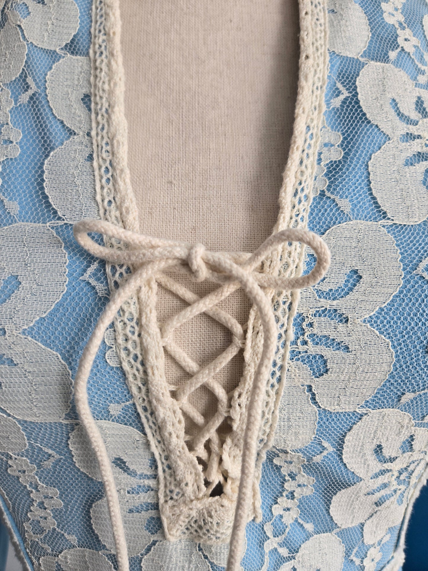 Vintage 1970s Sky Blue Prairie Dress with Floral Lace Details and Corset Top - Small