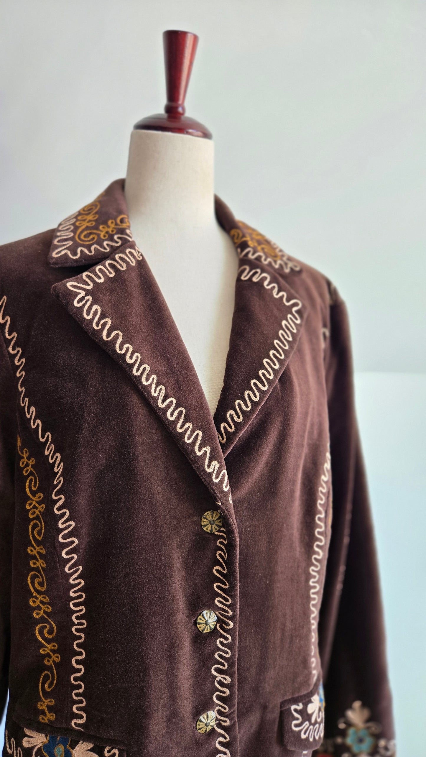 Doubled D Ranch Brown Velvet Blazer with Colorful Stitching Detail - XL