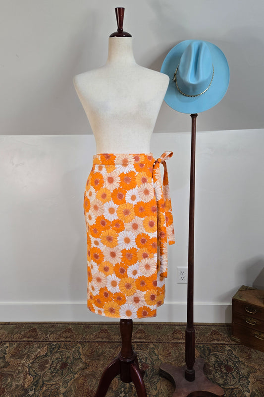 Vintage Orange Cotton Flower Power Wrap Skirt - S/M