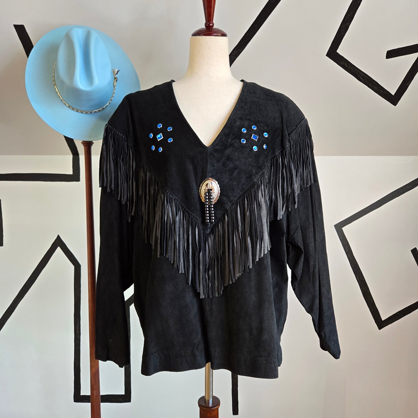 Vintage 90s Black Suede Fringe Top with Blue Gems - 2XL