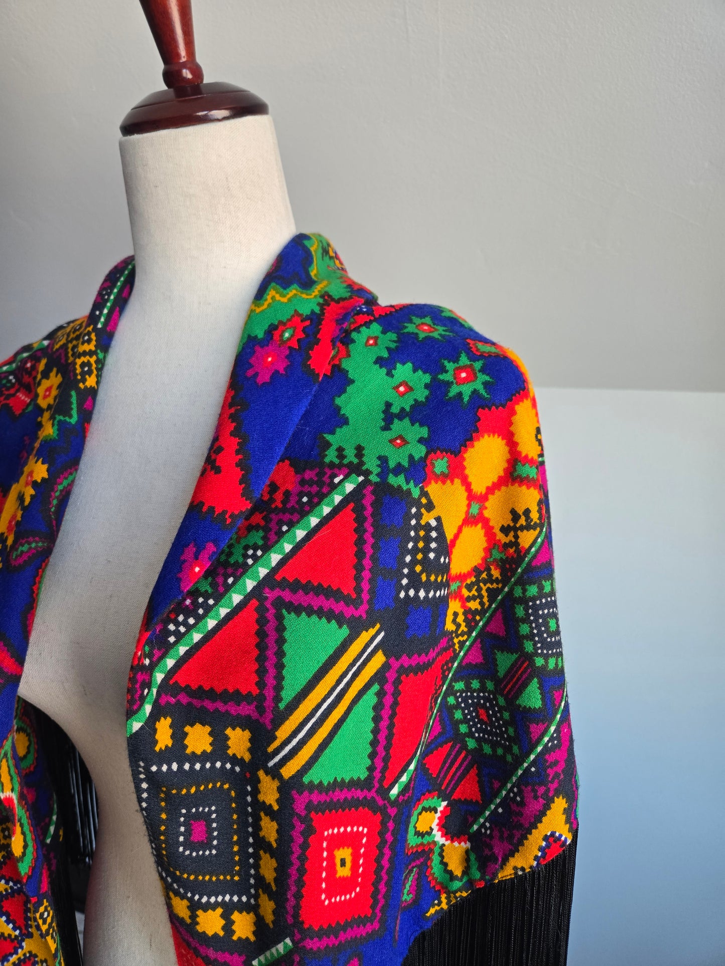 Vintage Barkcloth Dayglo Shawl with Fringe - OS